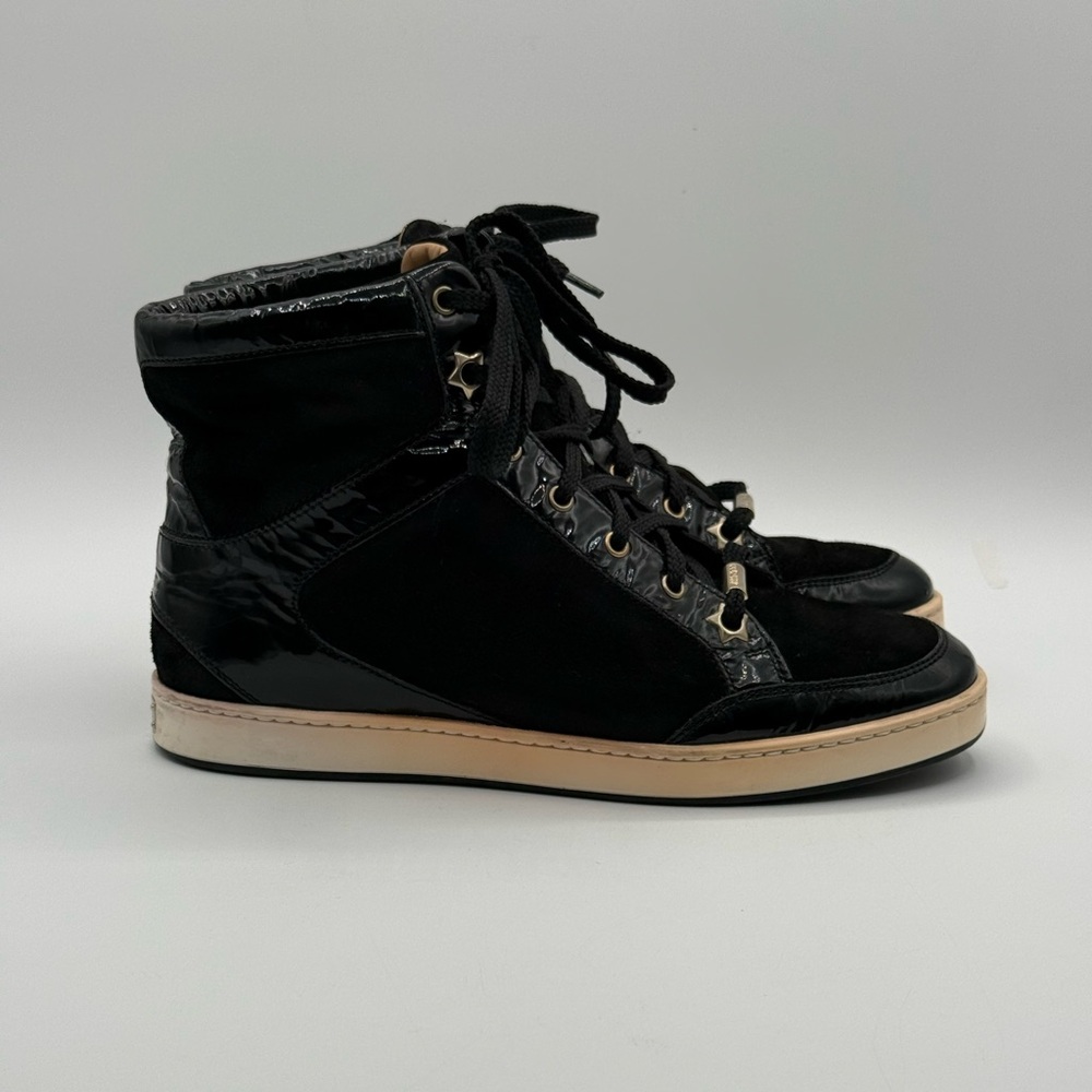 Jimmy Choo Black Suede & Patent Leather High-Top Sneakers Gold Eyelets Size 35.5 - Picture 3 of 16